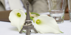 Just married in Paris. Two wedding rings on the miniature Eiffel Tower