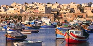 Colorful, traditional fishing boats at Marsaxlokk Village,Malta